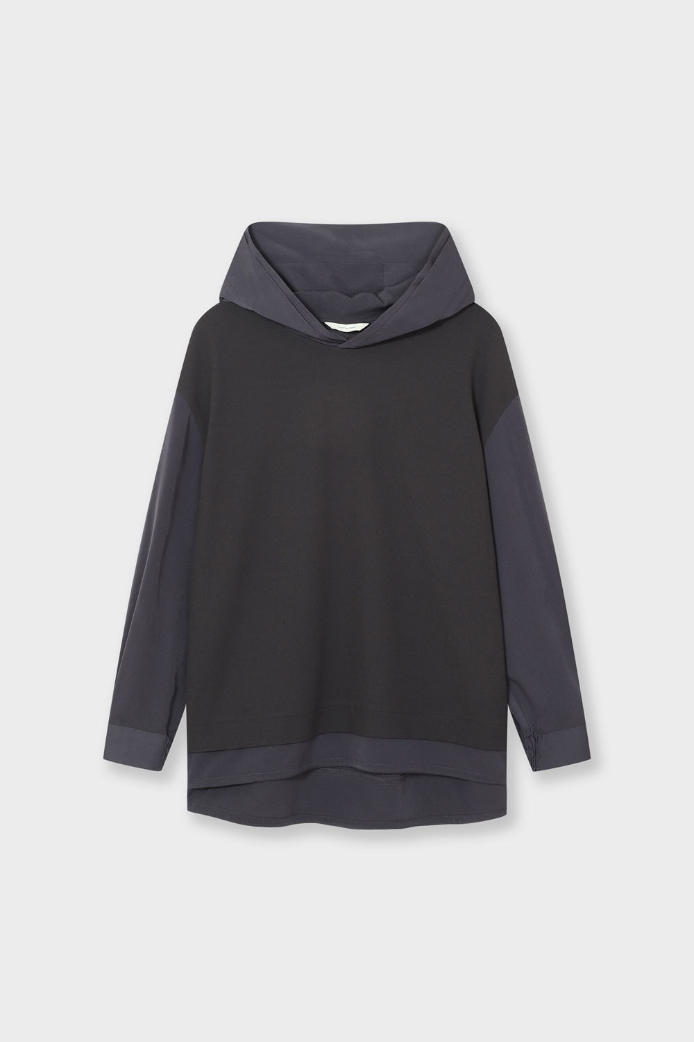 [캐리스노트] 배색 원단 후드 블라우스 그레이