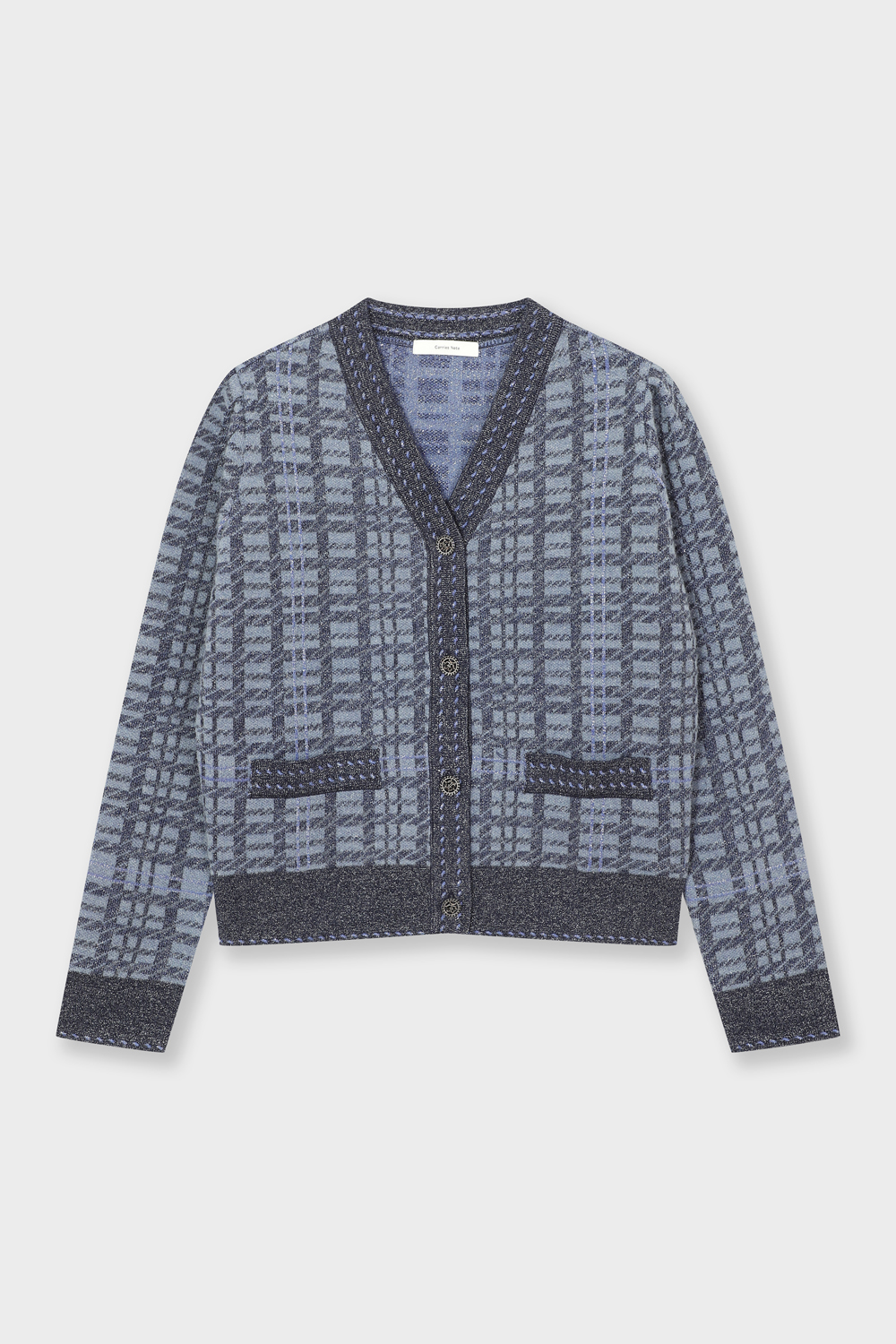 [캐리스노트] 체크 퍼프 숄더 가디건 네이비