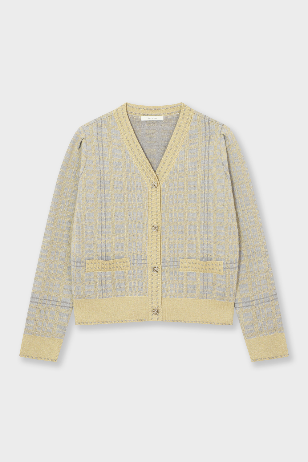 [캐리스노트] 체크 퍼프 숄더 가디건 옐로우