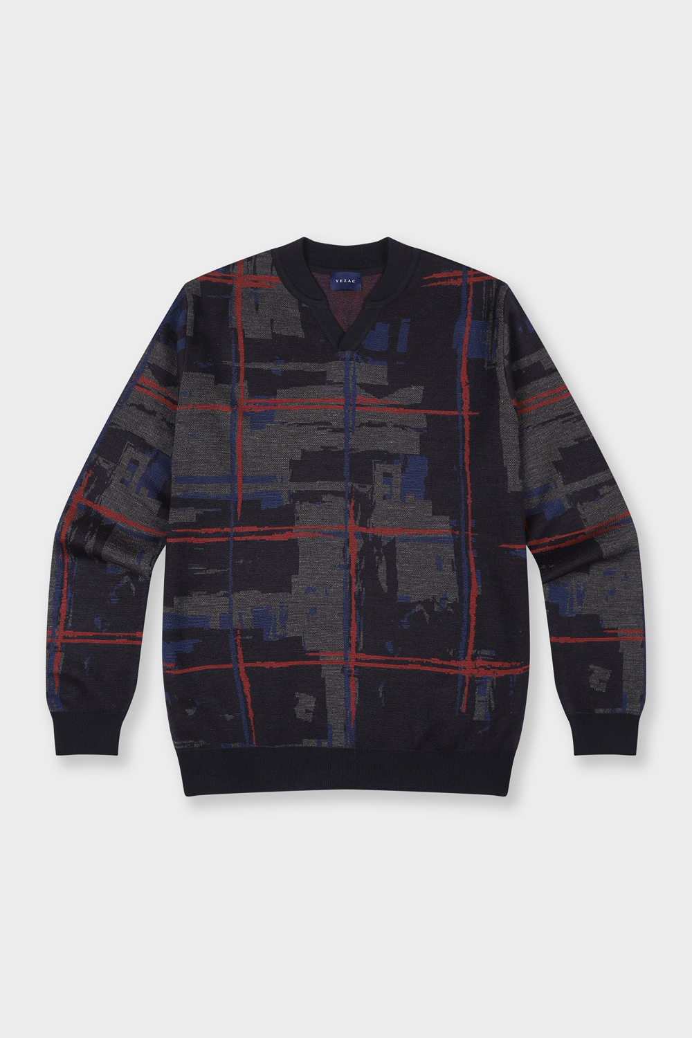 [공식몰] 체크 컬러 포인트 풀오버 니트 네이비