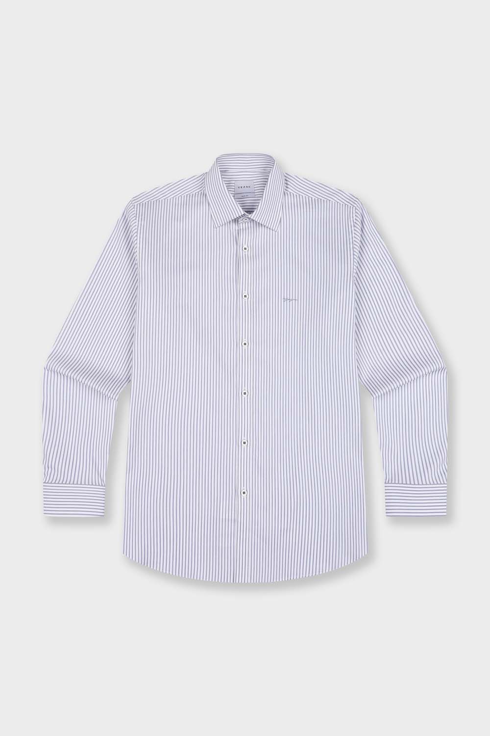 [공식몰] 자수 선염 스트라이프 일반핏 셔츠 블루